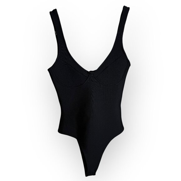 Black Ribbed Scoop Neck Bodysuit - Picture 1 of 3